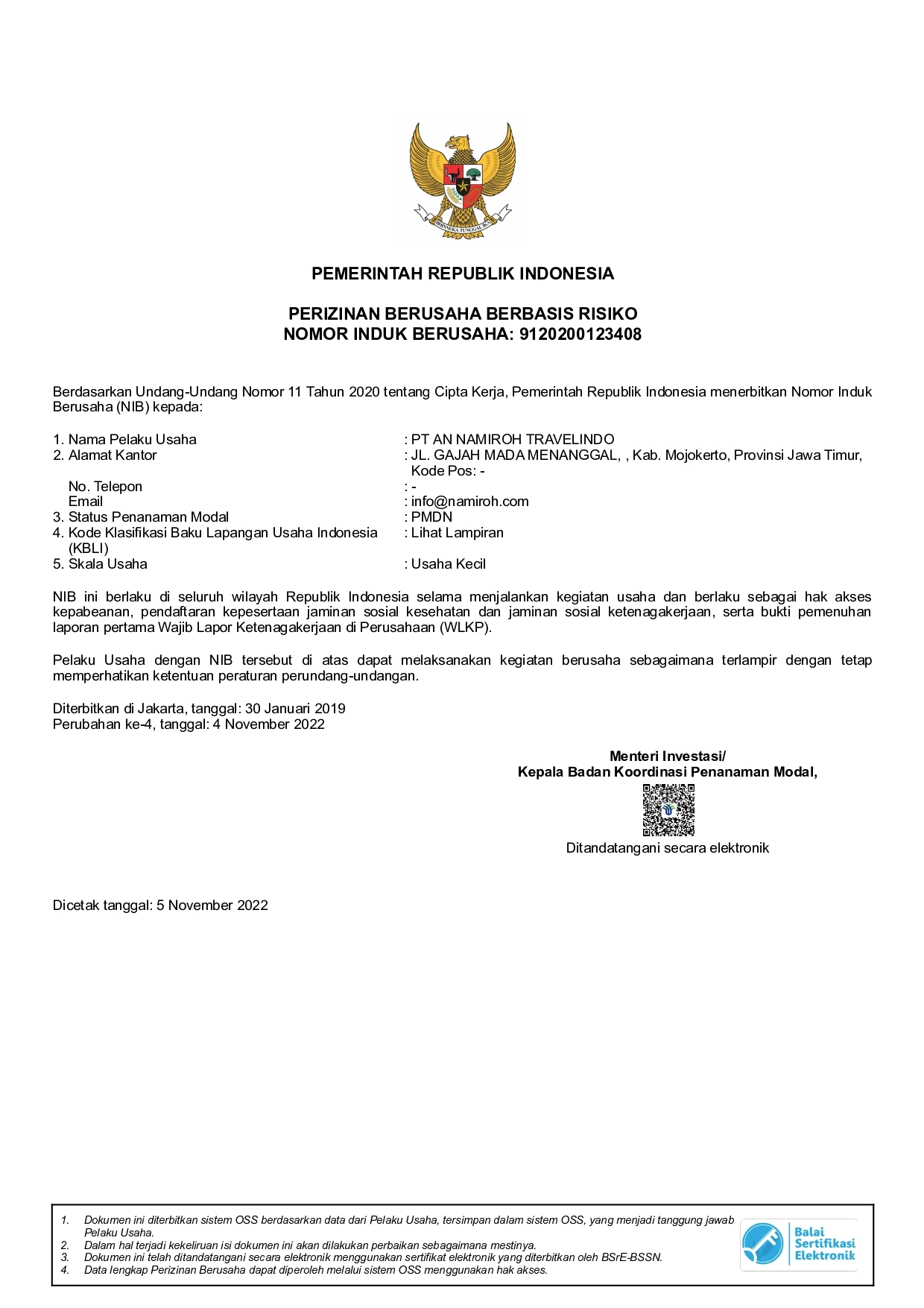 Nomor Induk Berusaha (NIB)